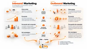Tabla comparativa entre Inbound Marketing y Outbound Marketing evaluando cuatro dimensiones: iniciativa del primer contacto, modelo económico, percepción del comprador y objetivo principal, integrados en un CRM unificado.