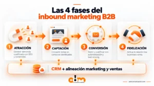 Infografía de las 4 fases del Inbound Marketing B2B: 1. Atracción (SEO y contenidos), 2. Captación (visitas a contactos), 3. Conversión (automatización y lead scoring), 4. Fidelización (posventa) sobre una base de CRM y alineación de ventas.